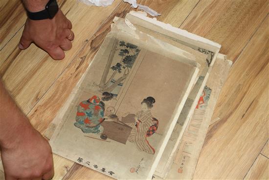 A group of eighteen Japanese woodblock prints, unframed, 36 x 24cm